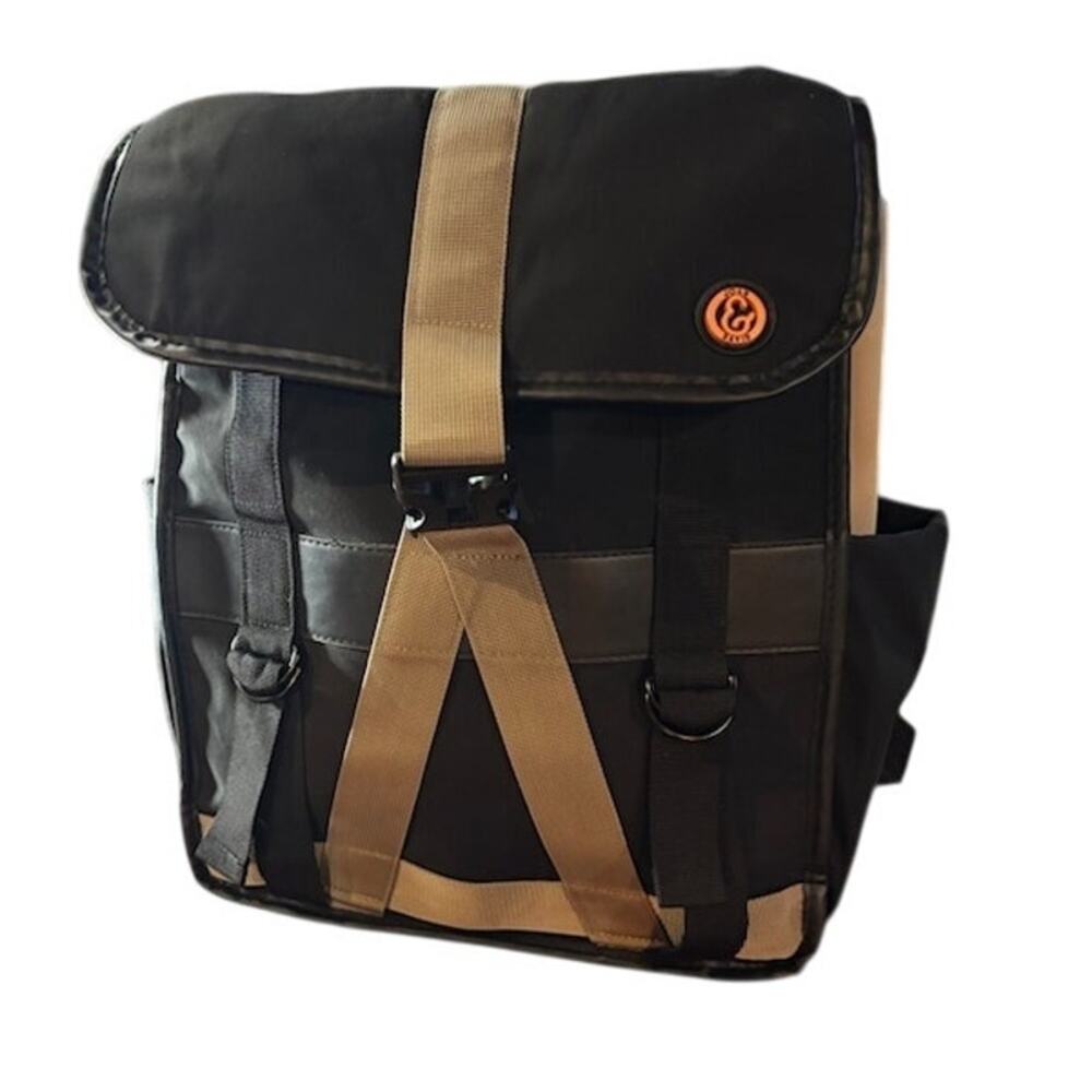 Joan & David backpack day sling bag black tan padded straps nylon drawstring